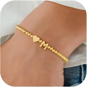 M MOOHAM Heart Initial Bracelet for Women - Dainty Gold Beaded Bracelets for Women Trendy Charm Letter A-Z Personalized Heart Jewelry Gifts