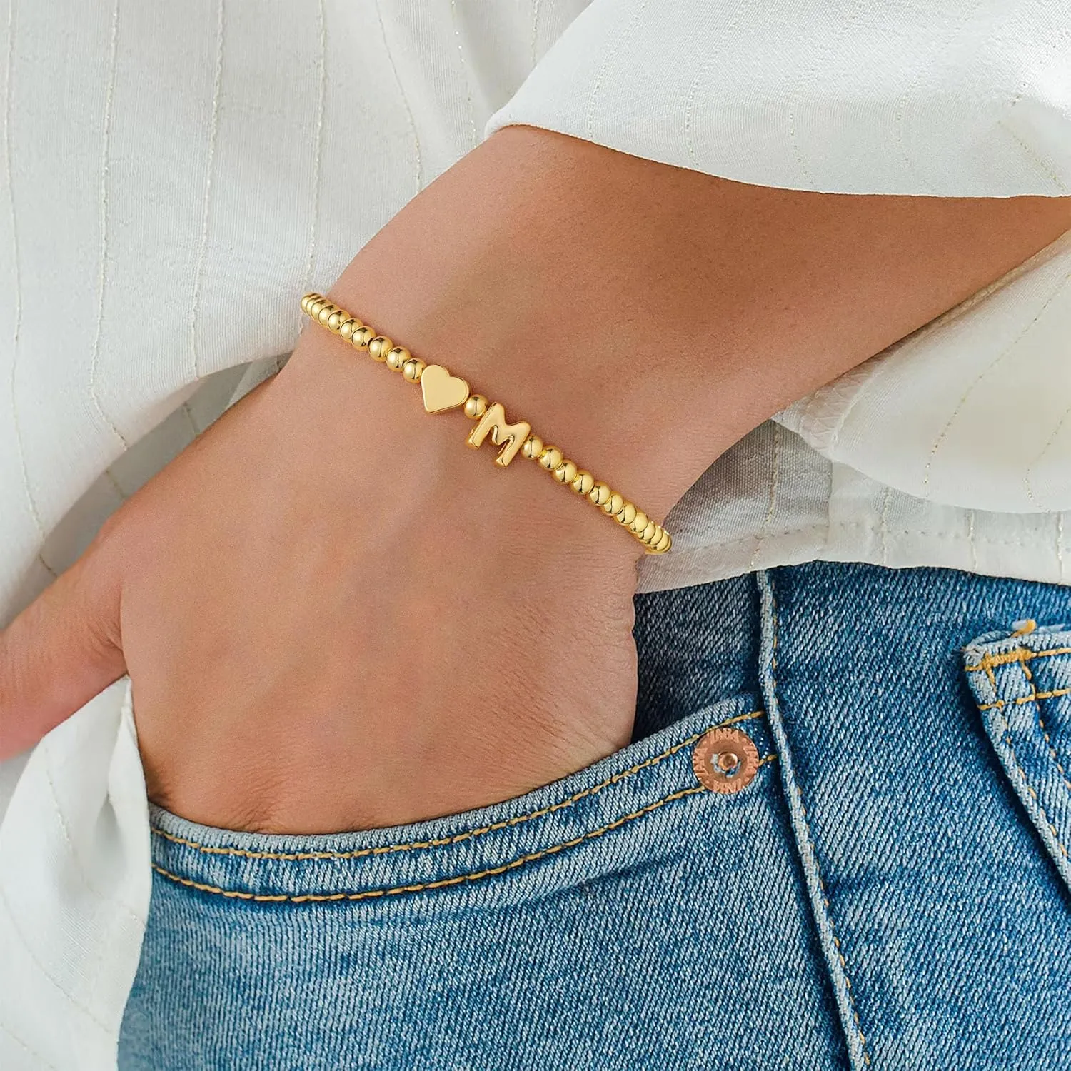 M MOOHAM Heart Initial Bracelet for Women - Dainty Gold Beaded Bracelets for Women Trendy Charm Letter A-Z Personalized Heart Jewelry Gifts