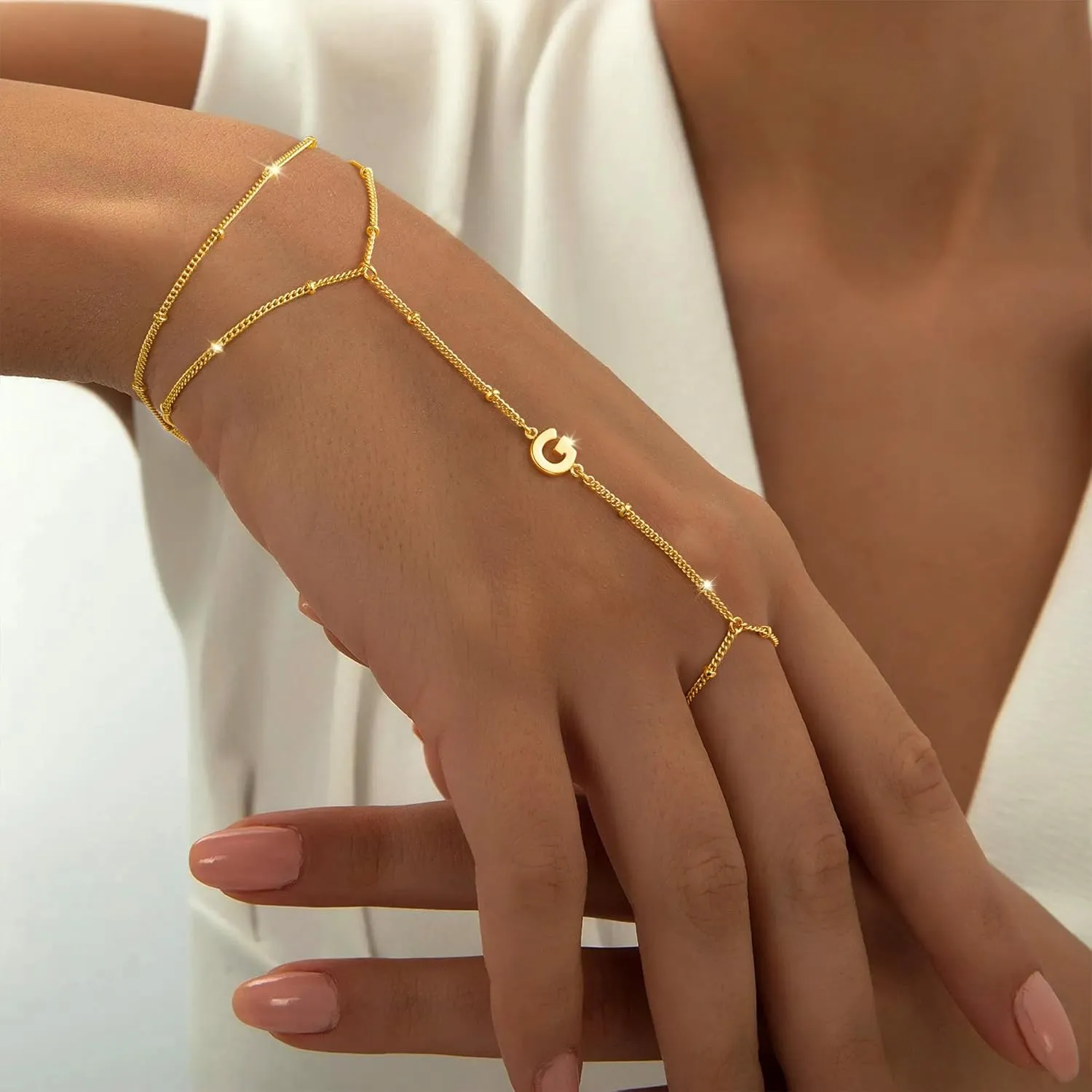M MOOHAM Initial Hand Chain for Women - Dainty Gold Ring Bracelet Hand Chain for Women Trendy, Letter A-Z Initial Link Charm Bracelets Personalized Gold Jewelry Gifts