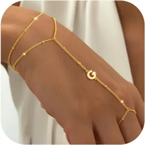 M MOOHAM Initial Hand Chain for Women - Dainty Gold Ring Bracelet Hand Chain for Women Trendy, Letter A-Z Initial Link Charm Bracelets Personalized Gold Jewelry Gifts