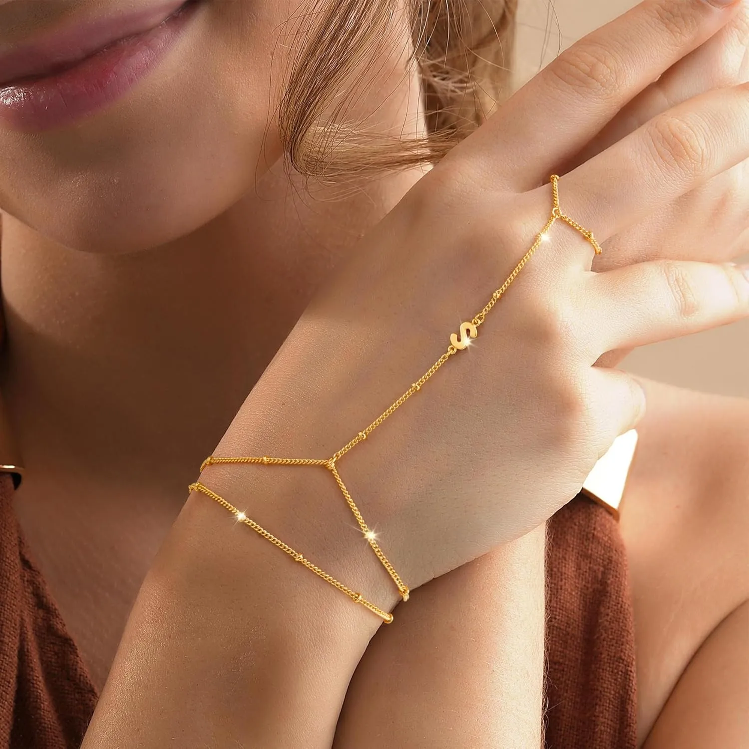M MOOHAM Initial Hand Chain for Women - Dainty Gold Ring Bracelet Hand Chain for Women Trendy, Letter A-Z Initial Link Charm Bracelets Personalized Gold Jewelry Gifts