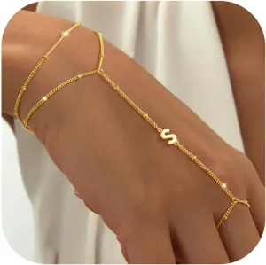 M MOOHAM Initial Hand Chain for Women - Dainty Gold Ring Bracelet Hand Chain for Women Trendy, Letter A-Z Initial Link Charm Bracelets Personalized Gold Jewelry Gifts