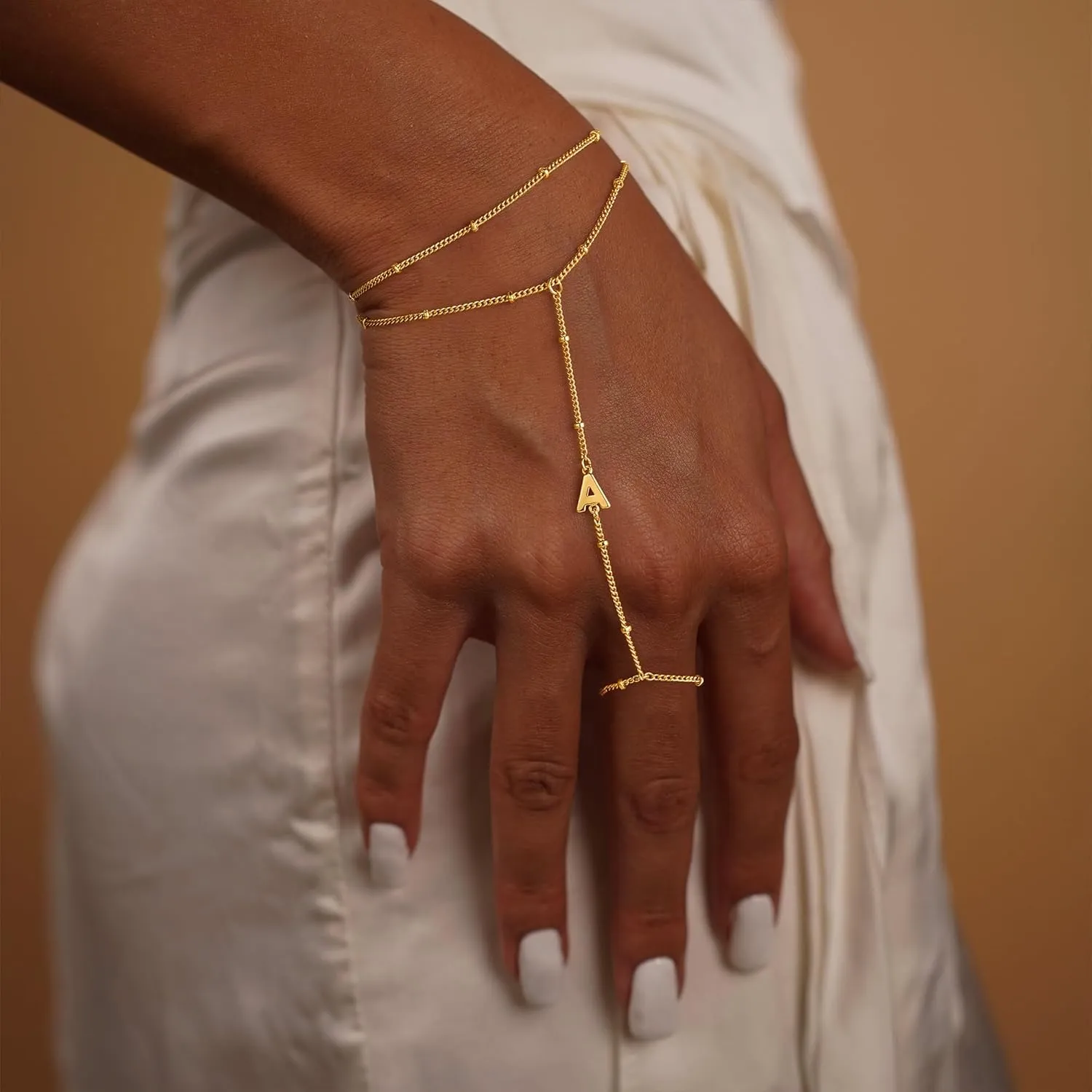 M MOOHAM Initial Hand Chain for Women - Dainty Gold Ring Bracelet Hand Chain for Women Trendy, Letter A-Z Initial Link Charm Bracelets Personalized Gold Jewelry Gifts