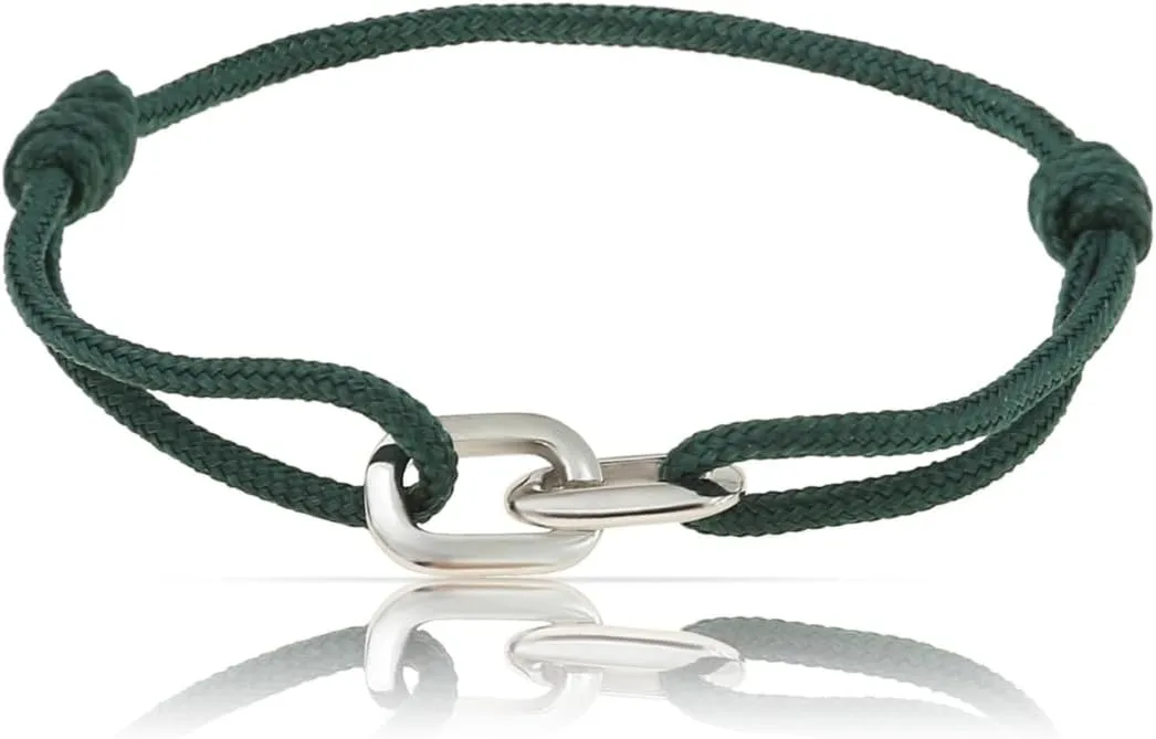 Made by Nami Nautical Bracelets for Men Adjustable and Waterproof Rope Bracelet for Men with Stainless Steel Charm Gift for Him (Emerald Green Silver)