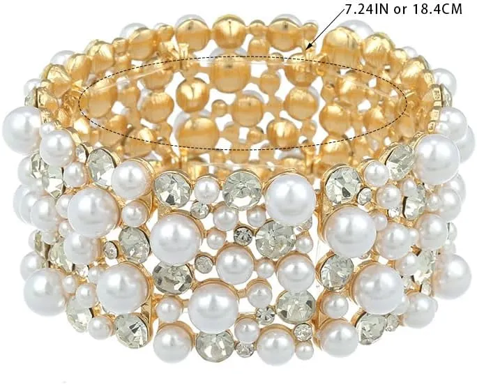 Madison Tyler Sparkle Rhinestone Stretch Bracelets for Women | Gold Rhinestone Pearl Bridal Bracelet | Wedding Party Prom Bracelet for Women