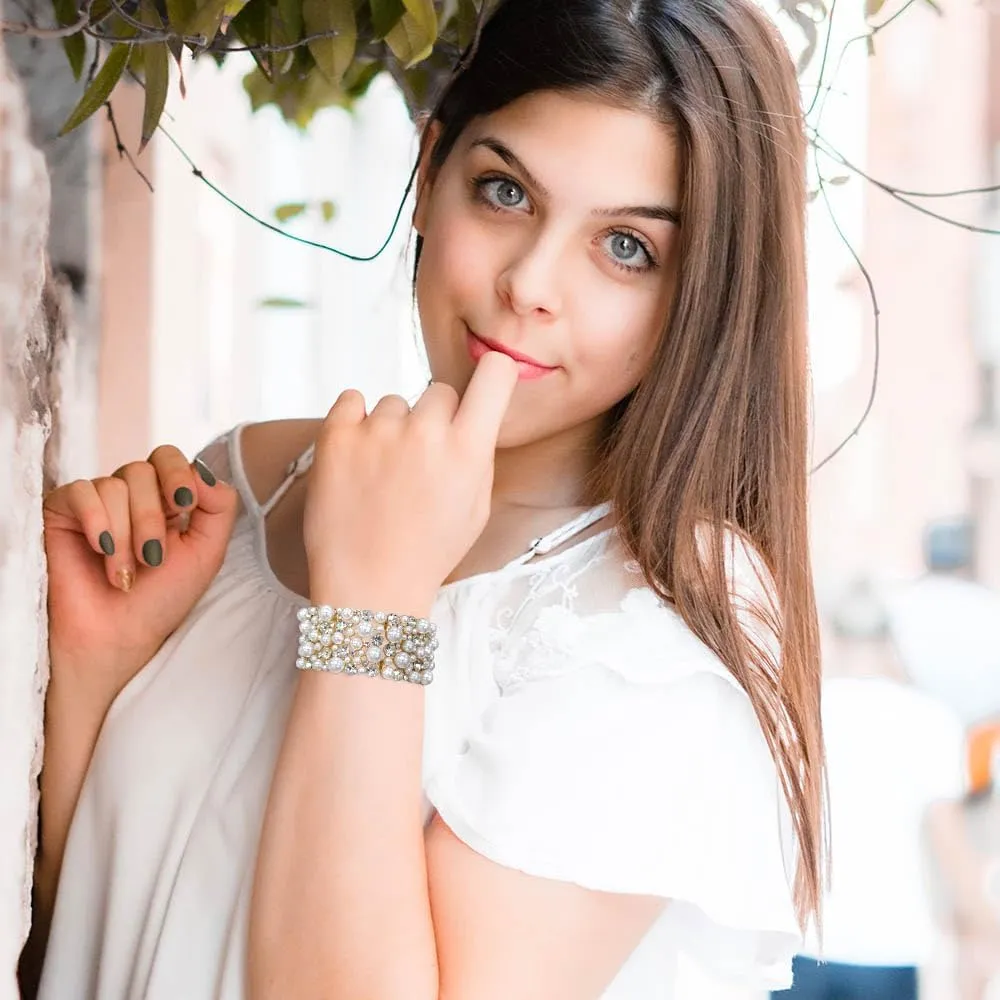 Madison Tyler Sparkle Rhinestone Stretch Bracelets for Women | Gold Rhinestone Pearl Bridal Bracelet | Wedding Party Prom Bracelet for Women
