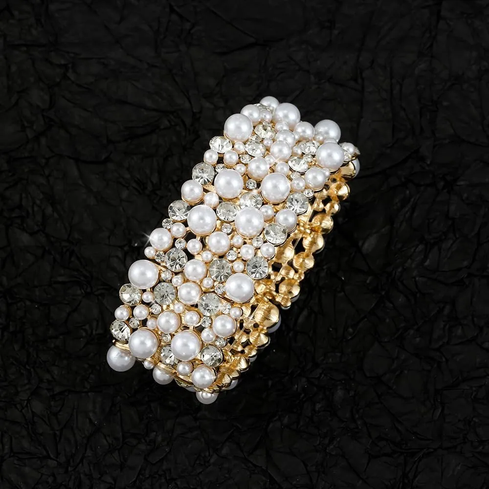 Madison Tyler Sparkle Rhinestone Stretch Bracelets for Women | Gold Rhinestone Pearl Bridal Bracelet | Wedding Party Prom Bracelet for Women