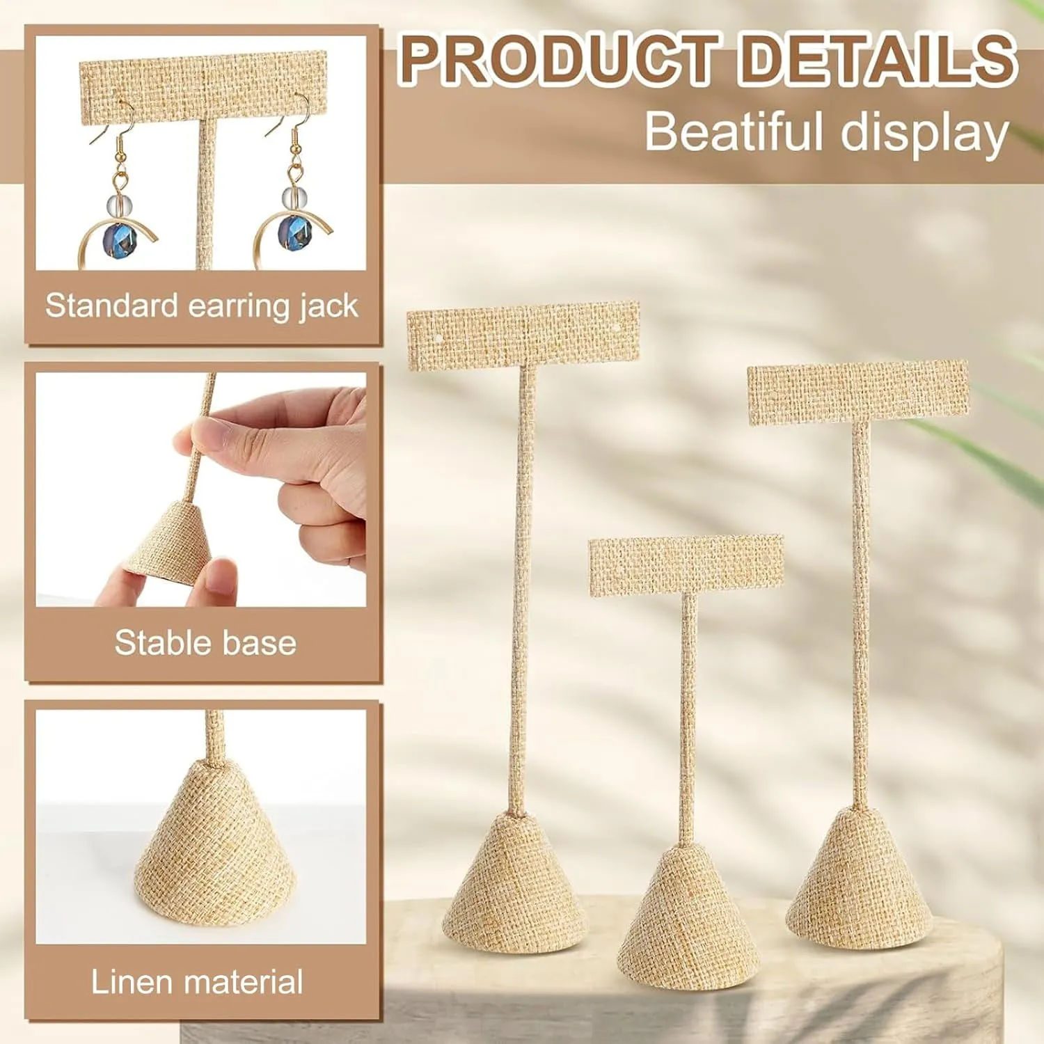 Marsui 12 Pcs Earring Display Set Earring T Bar Display Earring Holders with 3 Heights Earrings Display Stand for Jewelry(Linen Color)