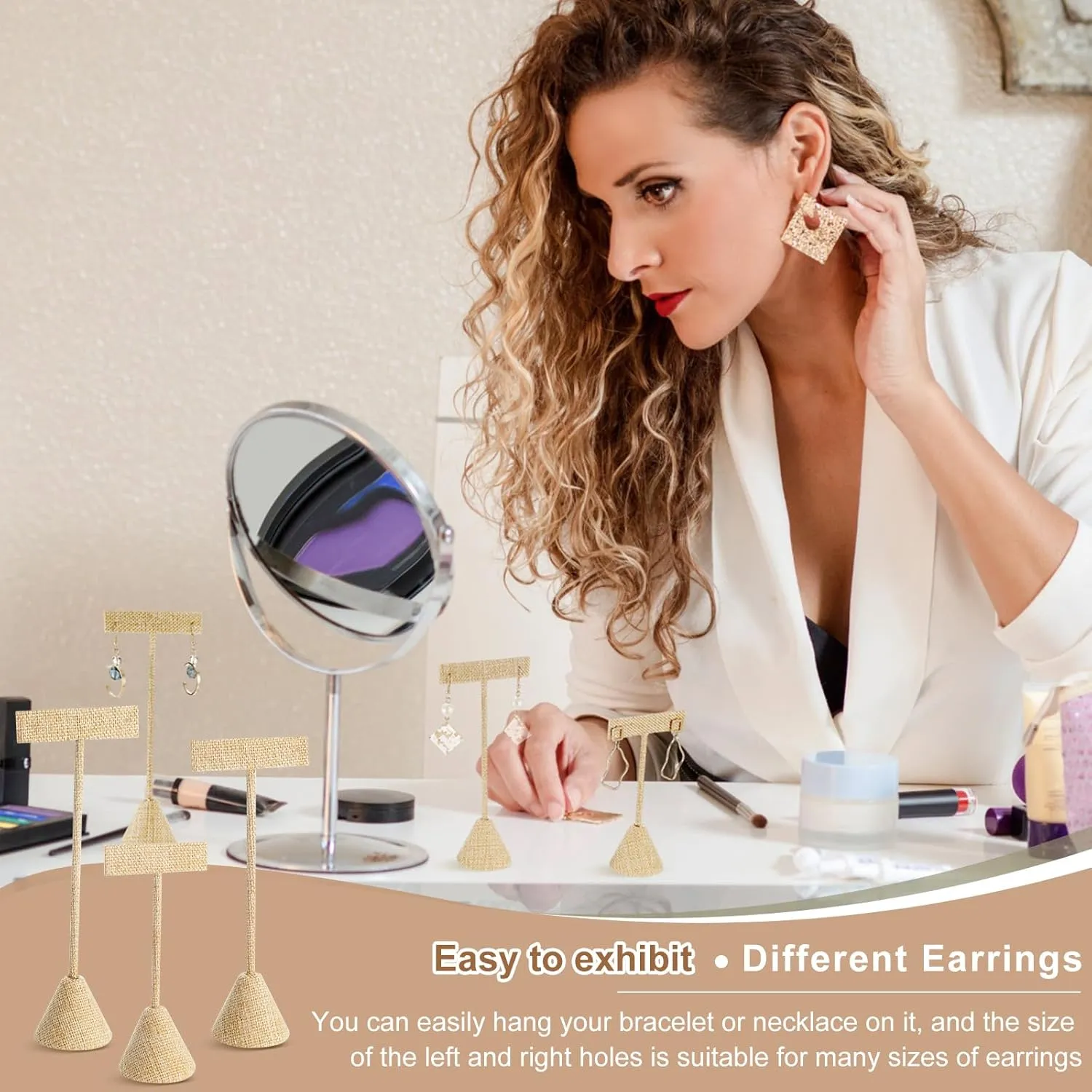 Marsui 12 Pcs Earring Display Set Earring T Bar Display Earring Holders with 3 Heights Earrings Display Stand for Jewelry(Linen Color)