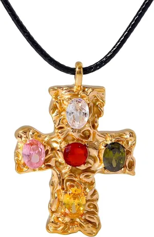 MAX 18K Gold Plated Hammered Cubic Zirconia Cross Pendant Necklace, Studs Earrings | Hypoallergenic All-match Luxury Black String Necklace, Stud Earrings | Ingenious Design Cross Faith Pendant Necklace, Studs Earrings for Women