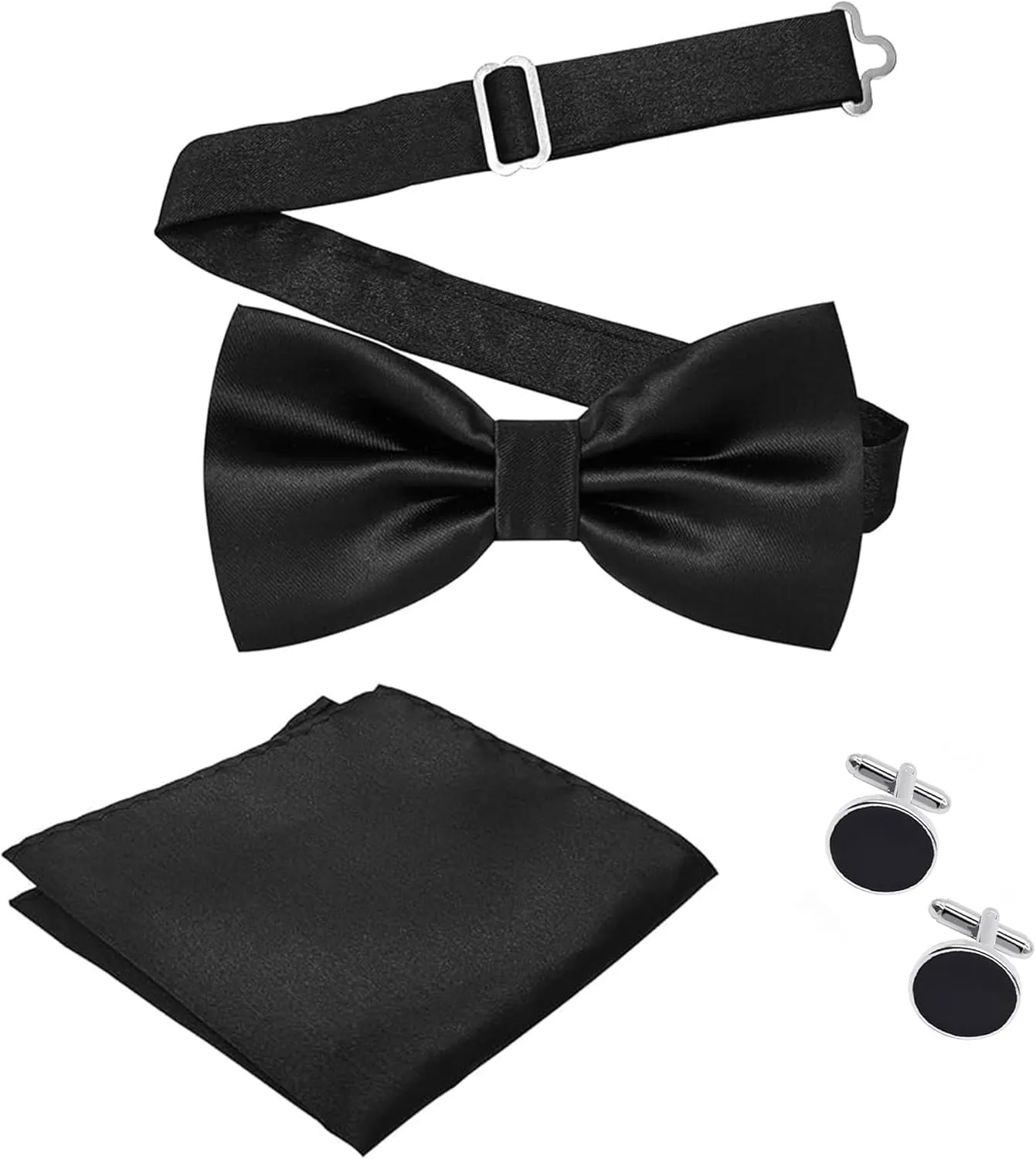 Medsuo Adjustable Bowtie Pocket Square Cufflinks Tuxedo Men's Solid Color Handkerchief Pre-Tied Bow Tie for Weddings, Parties, Proms