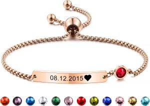 MeMeDIY Personalized Birthstone Bracelets Customized Gift Birthday Engraving for Women Girlfriend Mom Auntie Sister Best Friend Stainless Steel Friendship Adjustable Ankle Link Chain Bridesmaid