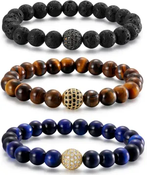 Mens Beaded Bracelets 8mm Tiger Eye Bracelet Natural Stone Mens Bracelet Adjustable Stretch Lava Rock Bracelets Set Black Crystal Beaded Bracelets for Men Gifts 4PCS