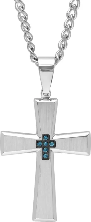 Men's Blue Stainless Steel Flared Cross Pendant on 24" Twisted Curb Chain Necklace