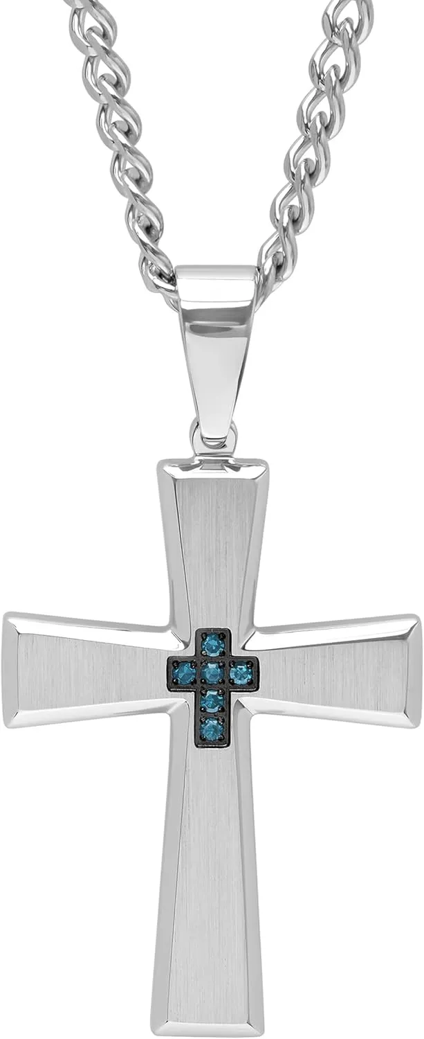 Men's Blue Stainless Steel Flared Cross Pendant on 24" Twisted Curb Chain Necklace