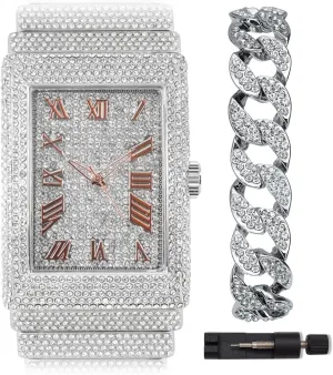 Men's Heavy Iced Out Gold Silver Diamond Rectangle Dial Watch, Cuban Link Luxury Hip Hop Celebrity Bracelet Set