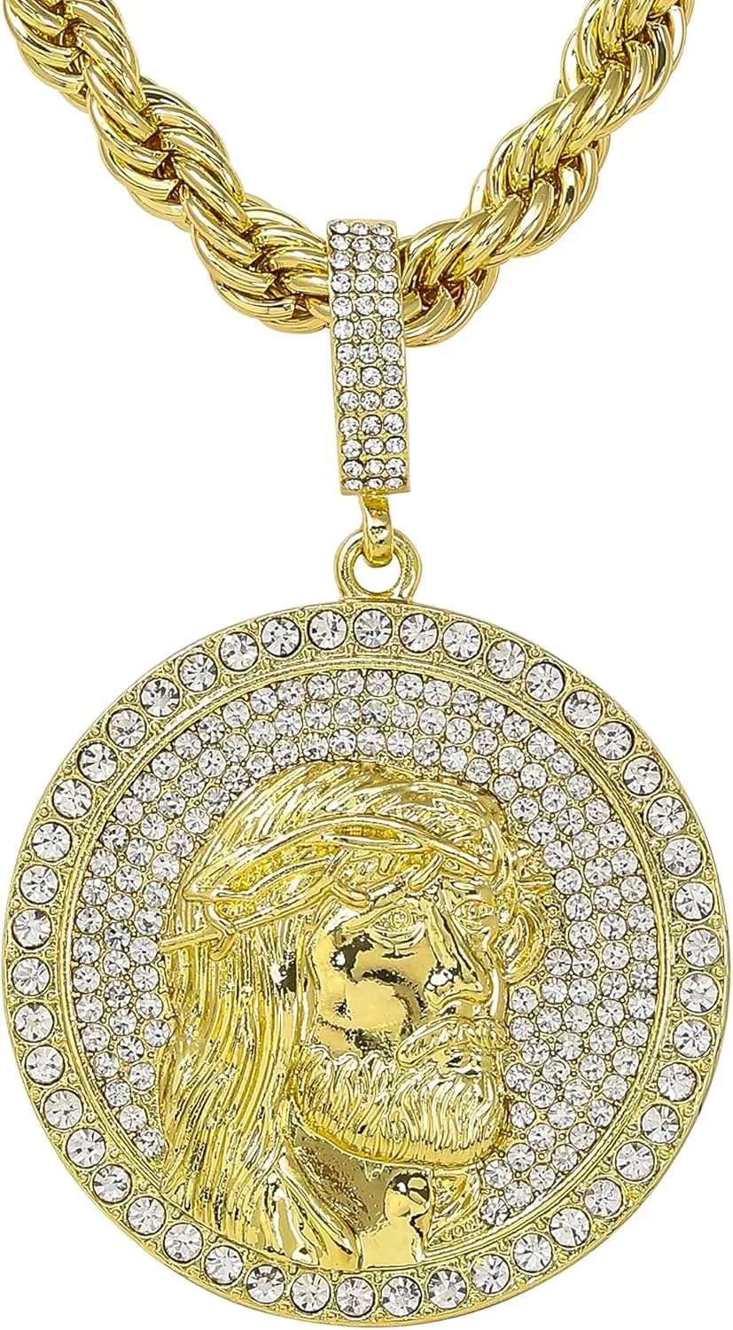 Men's Iced-Out Large Medallion Pendant with 5mm Rope Chain  Luxury Hip-Hop Necklace