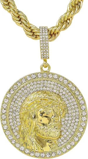 Men's Iced-Out Large Medallion Pendant with 5mm Rope Chain  Luxury Hip-Hop Necklace
