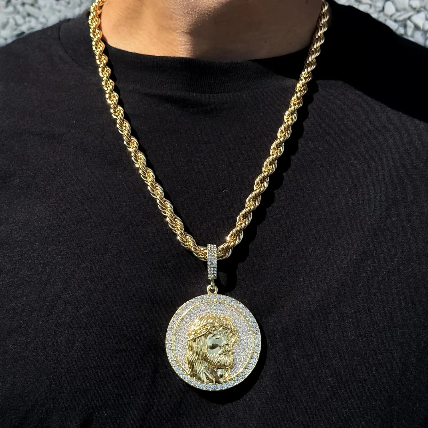 Men's Iced-Out Large Medallion Pendant with 5mm Rope Chain  Luxury Hip-Hop Necklace