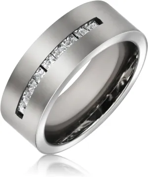 Mens Titanium Wide Wedding Band Ring With Black Inlay and AAA CZ Cubic Zirconia Accent in Silver Tone