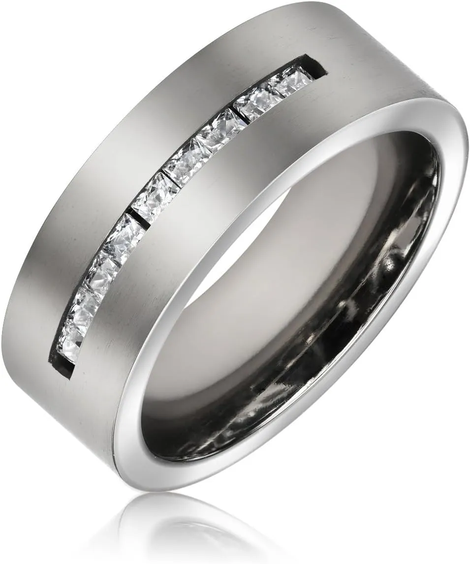 Mens Titanium Wide Wedding Band Ring With Black Inlay and AAA CZ Cubic Zirconia Accent in Silver Tone