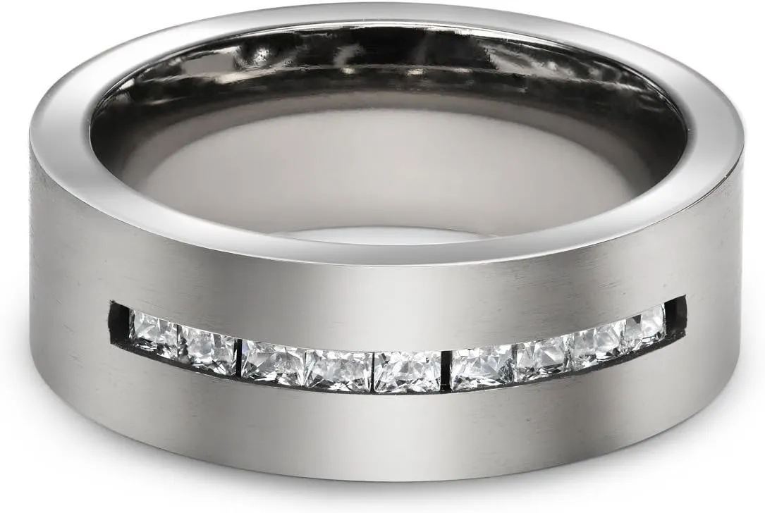 Mens Titanium Wide Wedding Band Ring With Black Inlay and AAA CZ Cubic Zirconia Accent in Silver Tone