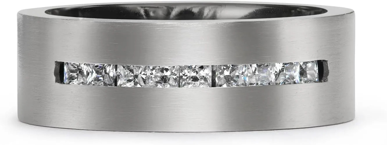 Mens Titanium Wide Wedding Band Ring With Black Inlay and AAA CZ Cubic Zirconia Accent in Silver Tone