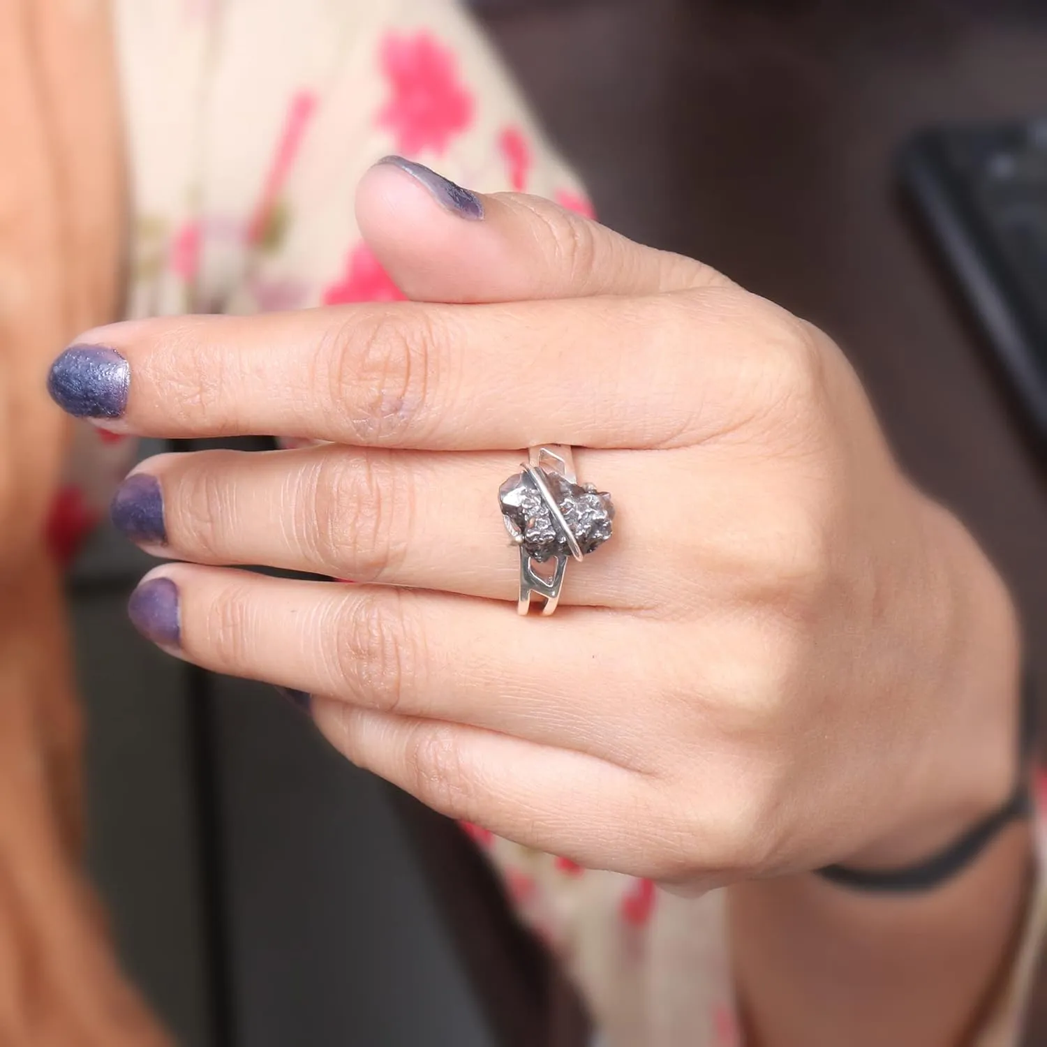 Meteorite Ring in 925 Sterling Silver  Natural Rough Meteorite Gemstone Jewelry for Men and Women