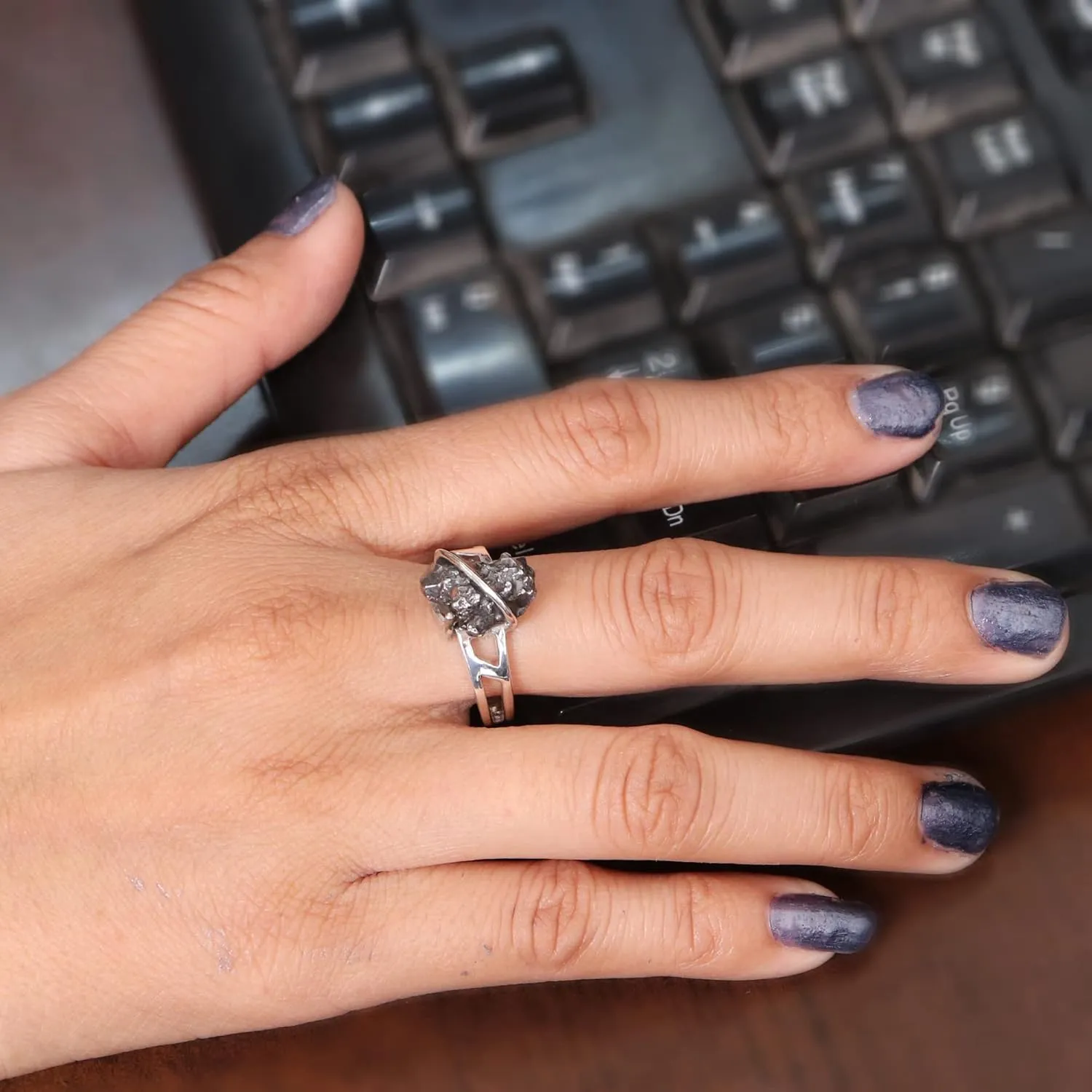 Meteorite Ring in 925 Sterling Silver  Natural Rough Meteorite Gemstone Jewelry for Men and Women