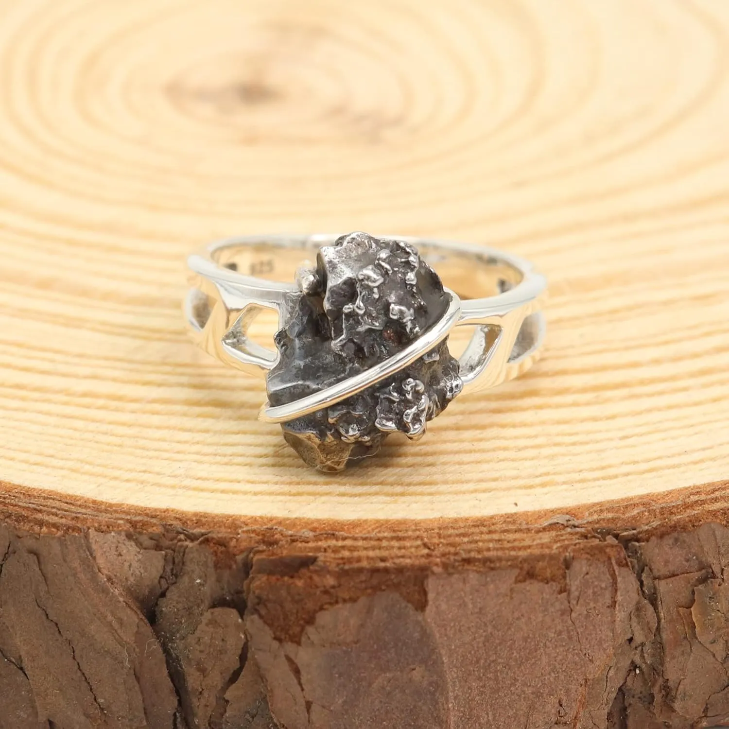 Meteorite Ring in 925 Sterling Silver  Natural Rough Meteorite Gemstone Jewelry for Men and Women