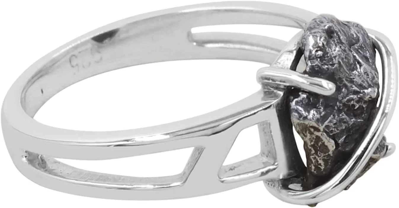 Meteorite Ring in 925 Sterling Silver  Natural Rough Meteorite Gemstone Jewelry for Men and Women