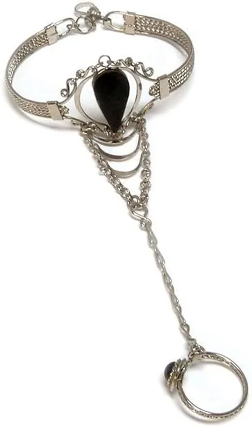 Mia Jewel Shop Teardrop Gemstone Healing Crystal Cabochon Silver Metal Cuff Harem Slave Bracelet with Adjustable Ring - Womens Fashion Handmade Jewelry Boho Accessories