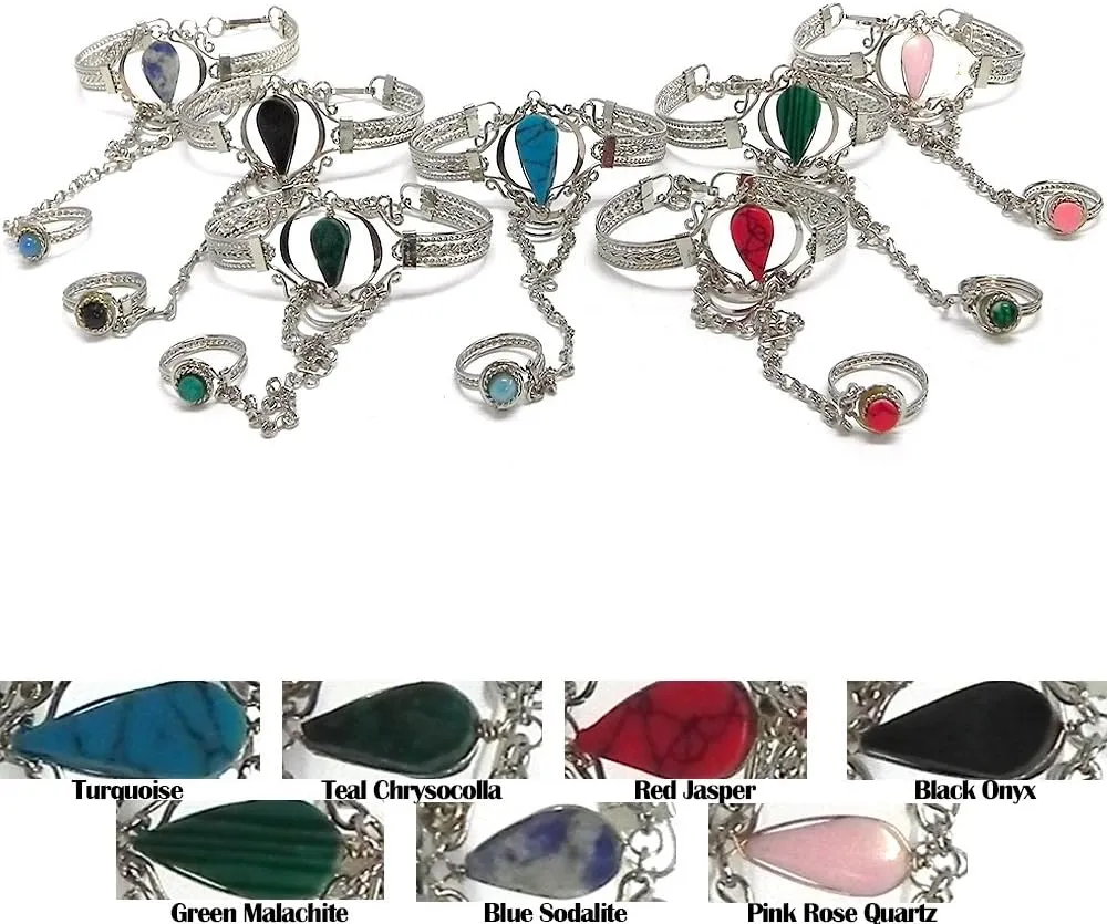 Mia Jewel Shop Teardrop Gemstone Healing Crystal Cabochon Silver Metal Cuff Harem Slave Bracelet with Adjustable Ring - Womens Fashion Handmade Jewelry Boho Accessories