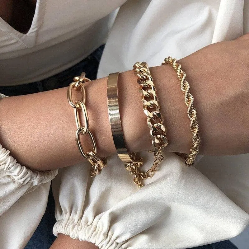 Miami Boho Bracelets and Bangles Set with 4 Punk Curb Cuban Chains