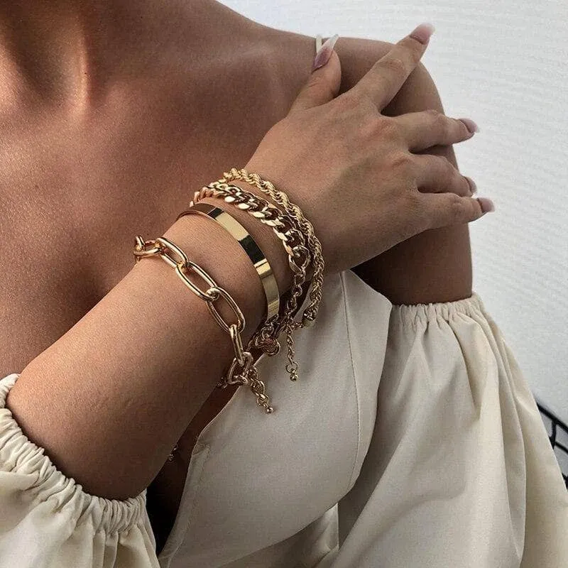 Miami Boho Bracelets and Bangles Set with 4 Punk Curb Cuban Chains