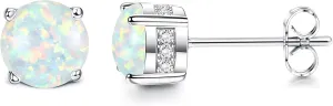 Milacolato Opal Earrings 18K Gold Plated Stainless Steel Post Round Cut Created White/Blue/Pink Opal Stud Earrings for Women 6MM