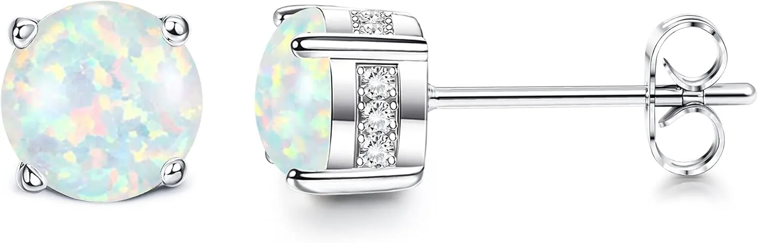 Milacolato Opal Earrings 18K Gold Plated Stainless Steel Post Round Cut Created White/Blue/Pink Opal Stud Earrings for Women 6MM