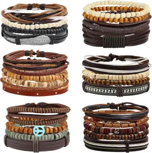 MILAKOO 26Pcs Black&Brown Braided Leather Bracelet for Men Women Cuff Beaded Bracelet Adjustable