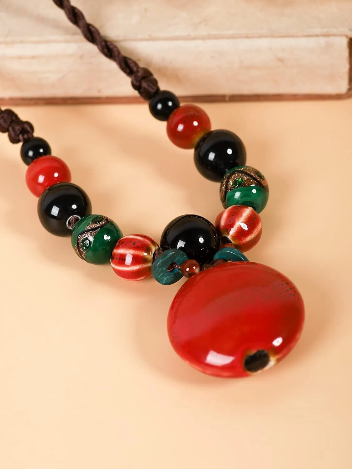 MINACHI Boho Hippie Colorful Chunky Ceramic Beads Strand Necklace, Bohemian Jewelry Gift for Women
