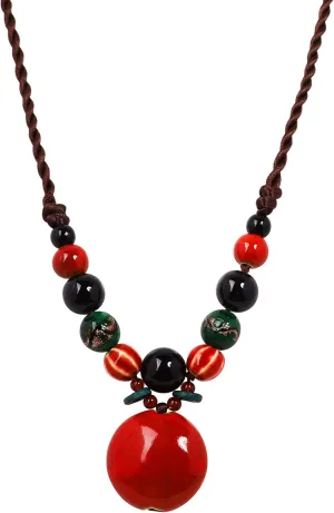 MINACHI Boho Hippie Colorful Chunky Ceramic Beads Strand Necklace, Bohemian Jewelry Gift for Women