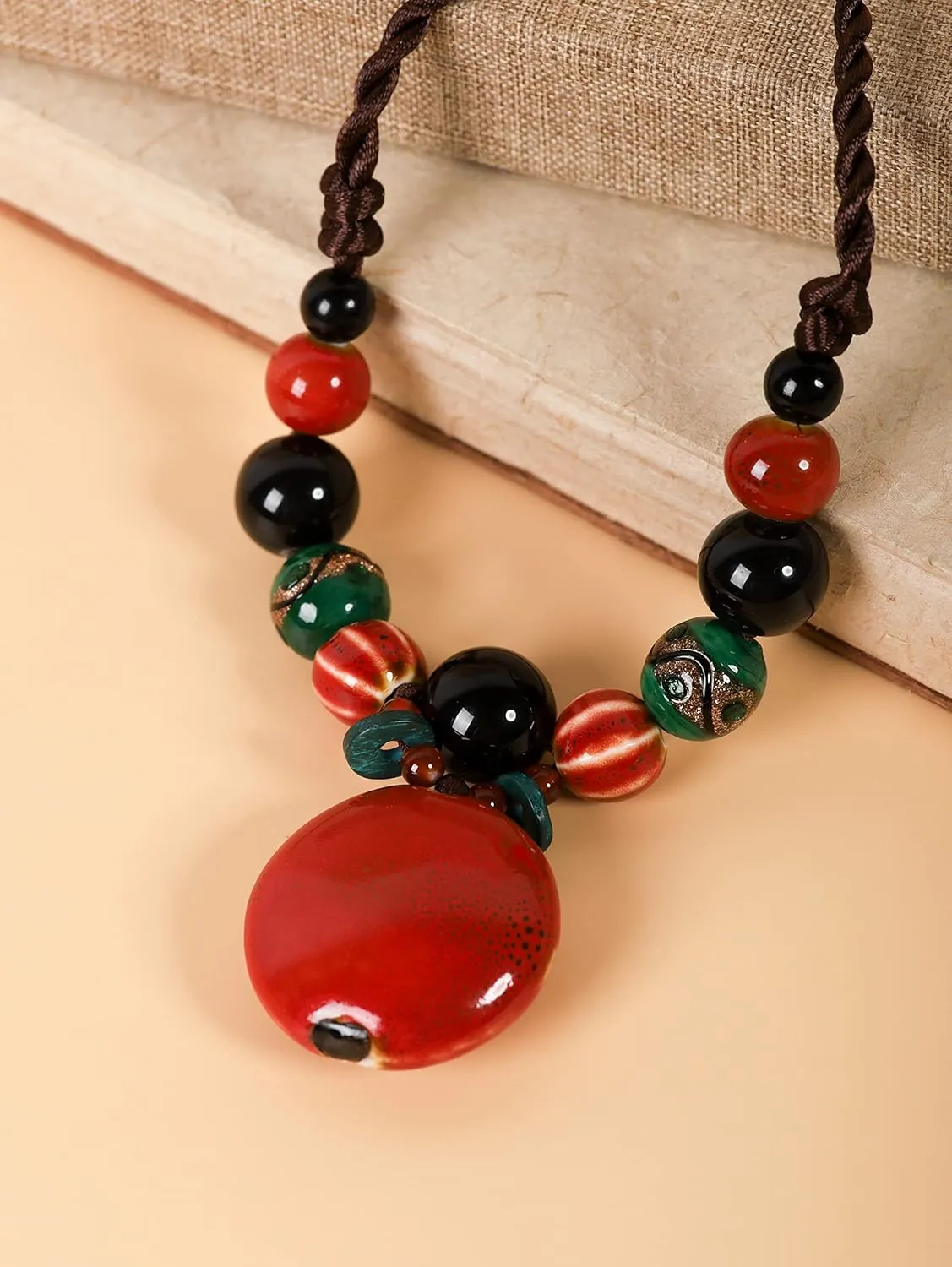 MINACHI Boho Hippie Colorful Chunky Ceramic Beads Strand Necklace, Bohemian Jewelry Gift for Women