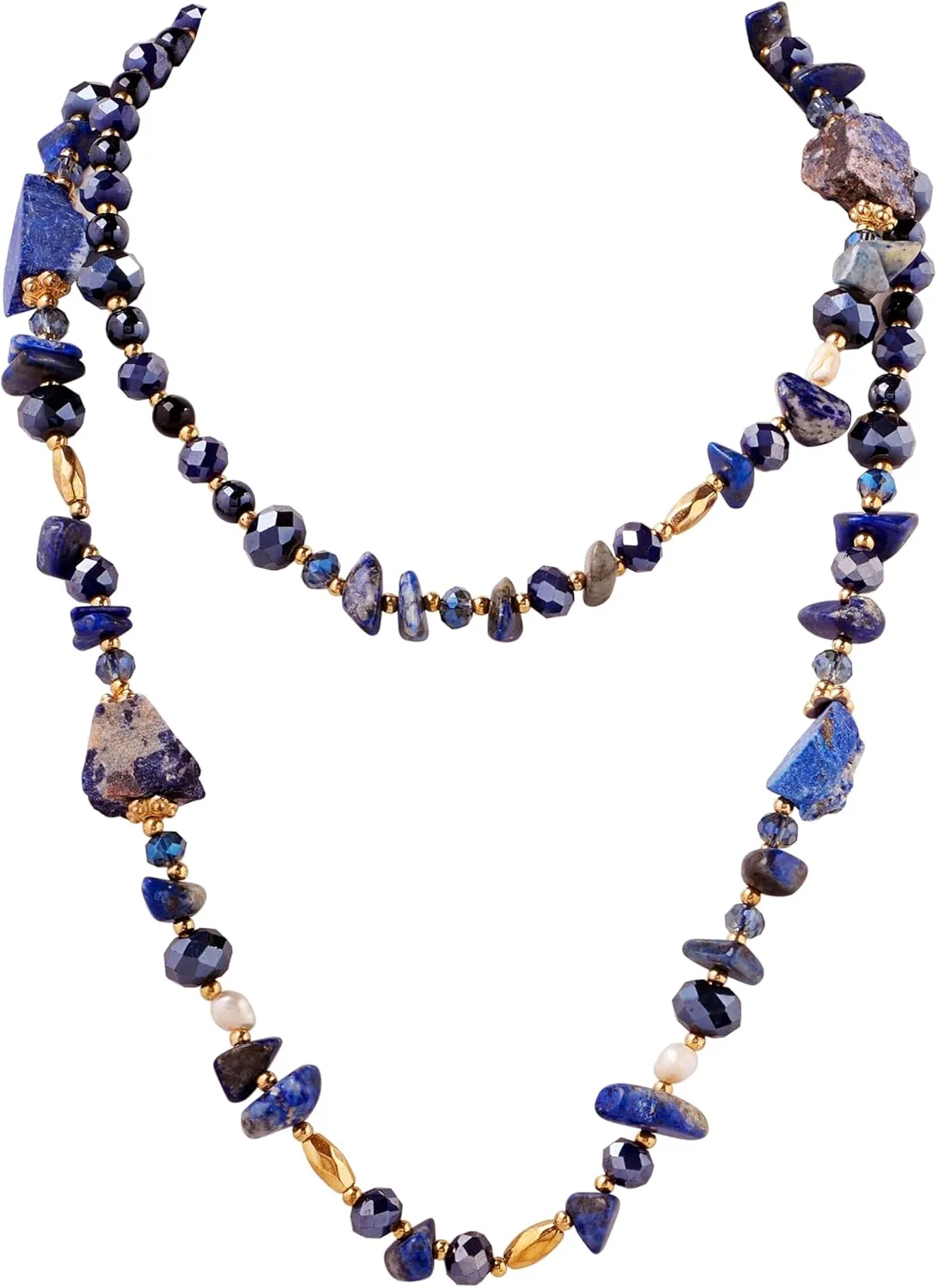 MINACHI Navy Long Necklace, Rough Stones, Coated Reflective Glass Beads, Luxury Vintage Chunky Jewelry for Women