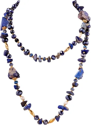 MINACHI Navy Long Necklace, Rough Stones, Coated Reflective Glass Beads, Luxury Vintage Chunky Jewelry for Women