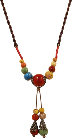 MINACHI Vintage Bohemian Ethnic Colorful Ceramic Bead Long Y Necklace, Hippie Boho Summer Fashion Jewelry Gift for Women
