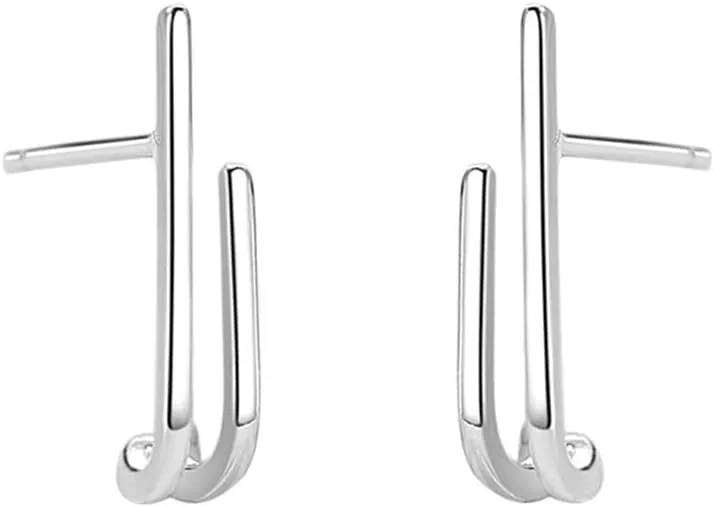 Minimalist Line Cuff Stud Earrings for Women 925 Sterling Silver Hypoallergenic Small Double Curved Bar Linear Drop Dangle Unique Simple Jewelry