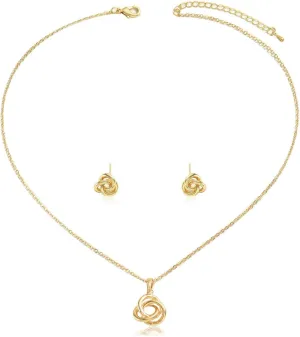Minimalist Love Knot Stud Earrings and Necklace Jewelry Set for Women Gold Plated Simple Circle Knot Pendant Necklaces Adjustable Link Chain Dainty Studs Earring for Wedding Anniversary