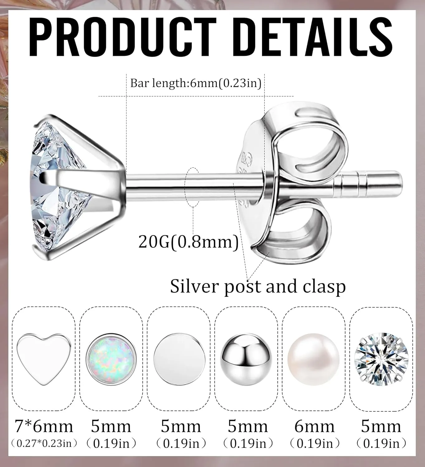 MJust 1 Pair Titanium Stud Earrings for Women & Men, G23 Hypoallergenic Pure Titanium Earrings for Sensitive Ears, 20G Push Back CZ & Opal Earrings Set with Balls, Dot, Hearts