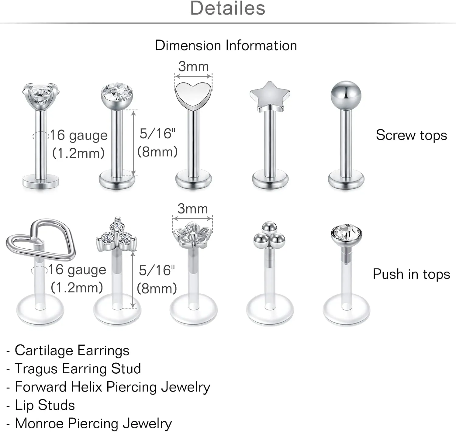 MODRSA Tragus & Helix Piercing Earrings - Flat Back, Forward Helix, Cartilage & Tragus Jewelry