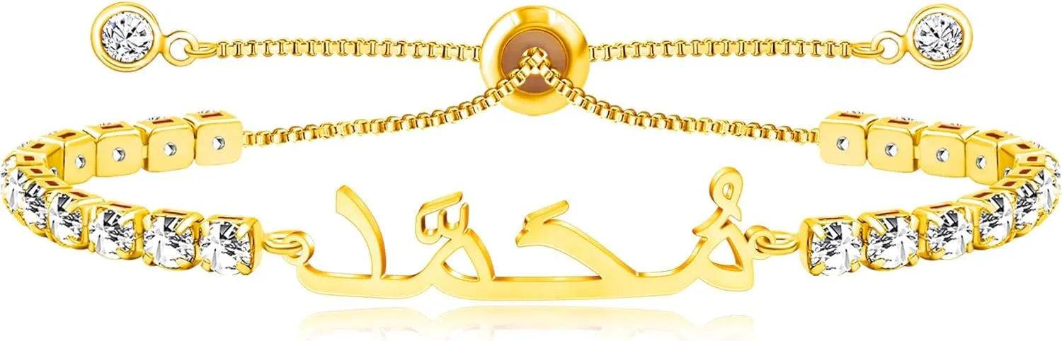 Mohammed Name Charm Bracelet for Women, Brass Chain Inlaid with AAA  Cubic Zirconia & Stainless Steel Tag, Adjustable Slider Chain for Islamic Religious Occasions  YA4947