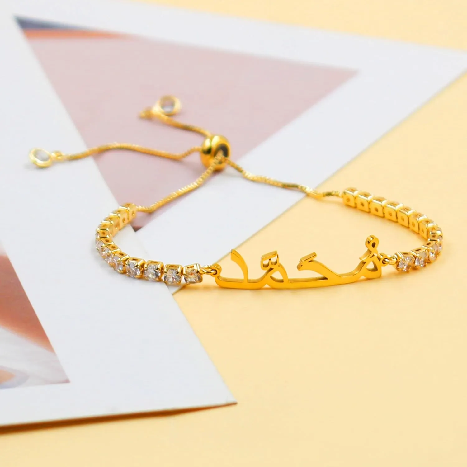 Mohammed Name Charm Bracelet for Women, Brass Chain Inlaid with AAA  Cubic Zirconia & Stainless Steel Tag, Adjustable Slider Chain for Islamic Religious Occasions  YA4947